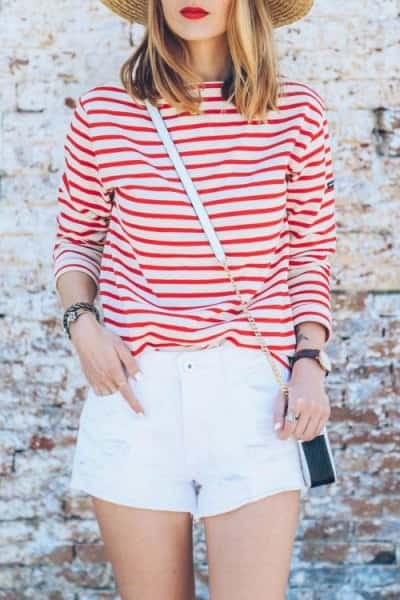 Red Striped T Shirt with White Mini Shorts