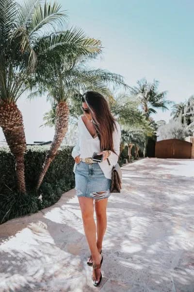 Big V Neck Blouse with Mini Skirt & Black Sandals