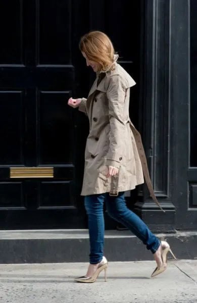 Grey Longline Parka Jacket with Dark Skinny Jeans & Gold Heels