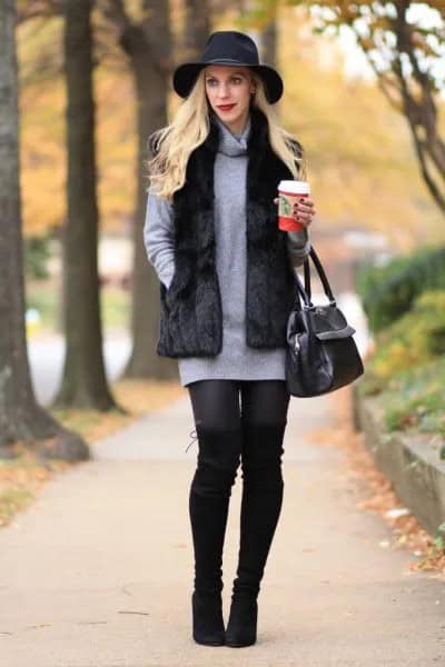 Black Floppy Hat with Grey Cowl Neck Sweater Dress & Leggings