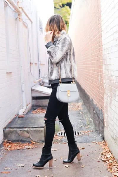 Light Grey Jacket wth Black Ripped Skinny Jeans & Black Leather Heeled Boots