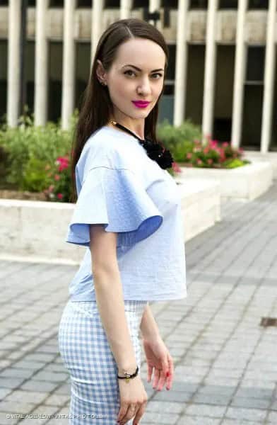 Bell Sleeve Light Blue Blouse with Checkered Pants