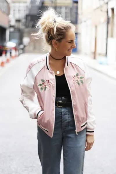 Pink Embroidered Bomber Jacket with High Waisted Jeans