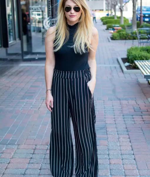 Black Mock Neck Sleeveless Top with Striped Pants