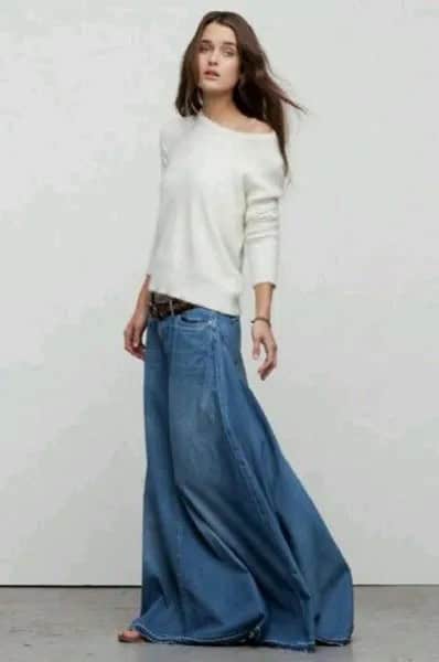 White One Shoulder Relaxed Fit Sweater with Floor Length Denim Skirt