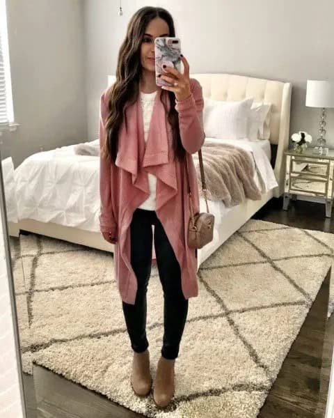 Blush Pink Longline Waterfall Cardigan with Black Skinny Jeans & Camel Boots