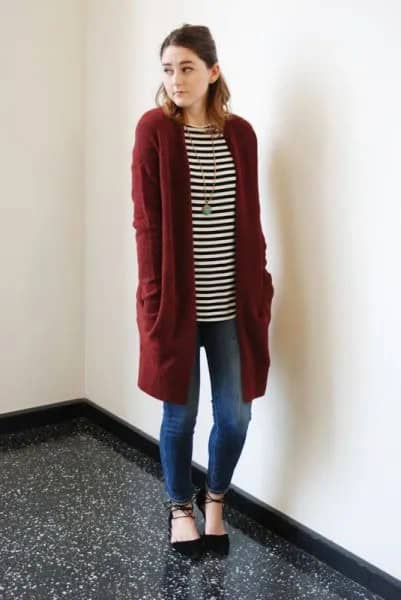 Black and White Striped Long Sleeve Tunic Tee with Longline Cardigan