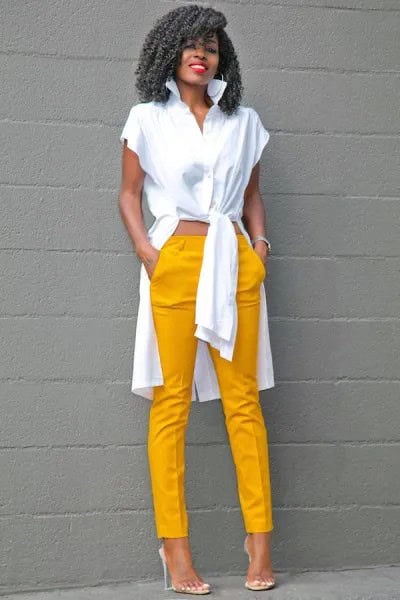 White High Low Blouse with Mustard Yellow Pants