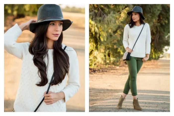 Wear with White Chunky Sweater and Black Floppy Hat