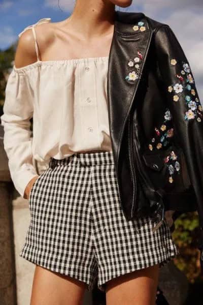 Checkered Shorts with Blush Pink Cold Shoulder Blouse & Embroidered Leather Jacket