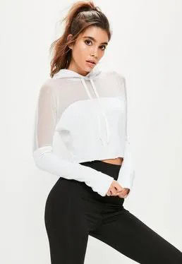 White Cropped Hoodie with Mesh Details