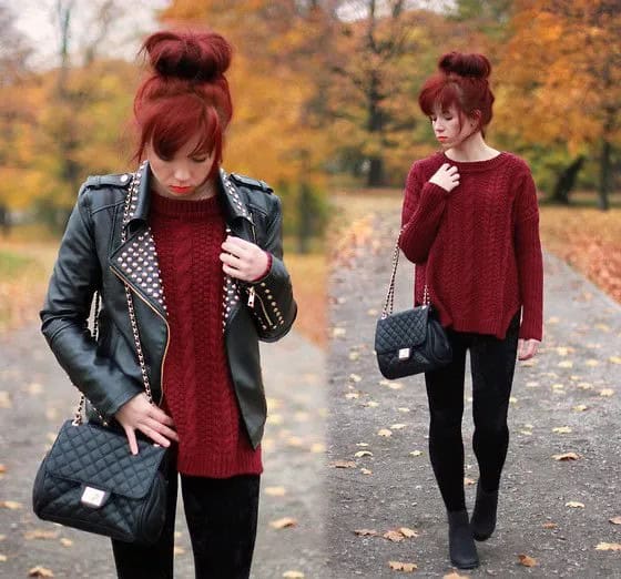 Black Studded Leather Moto Jacket with Cable Knit Maroon Sweater