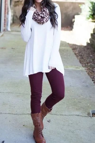 White Tunic Sweater with Leopard Print Scarf & Grey Lace Up Boots