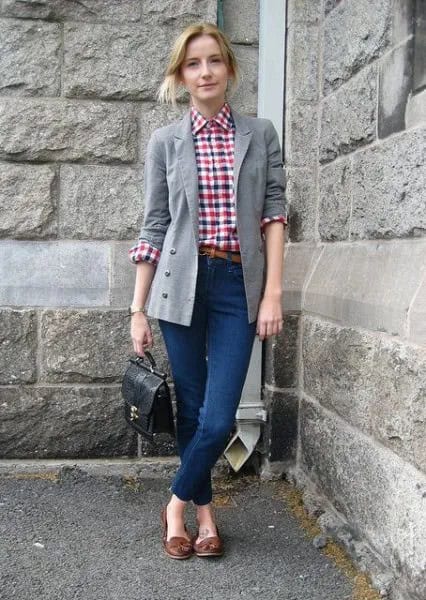 Grey Longline Blazer with Plaid Boyfriend Shirt & Dark Brown Tassel Loafers