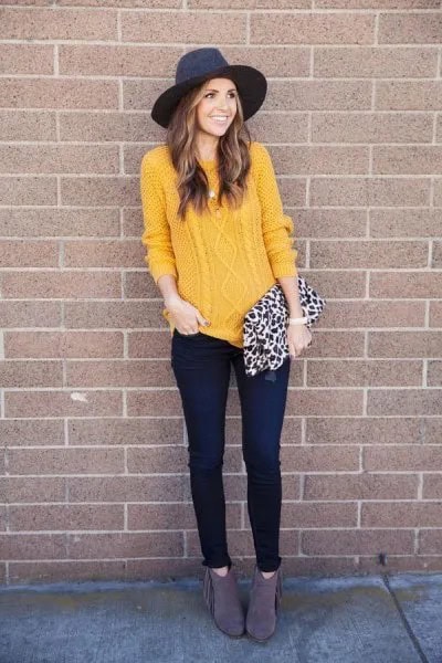 Cable Knit Mustard Sweater with Black Felt Hat & Leopard Print Purse