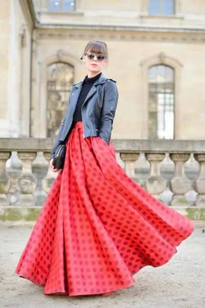 Red Breezy Maxi Skirt with Black Leather Jacket