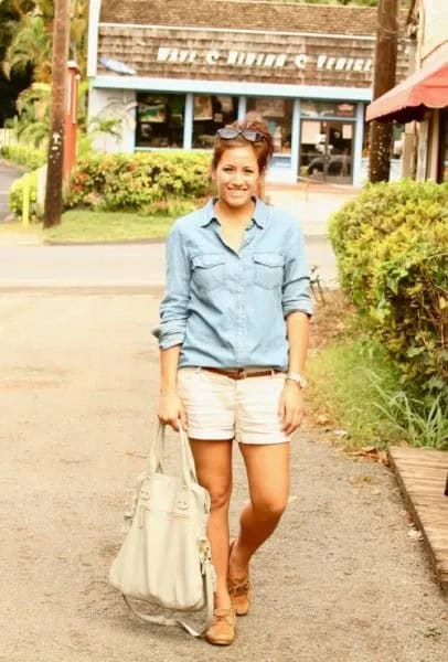 Chambray Shirt with White Khaki Shorts