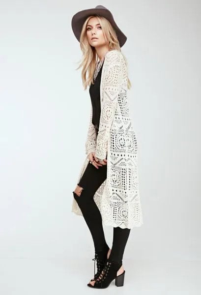 White Long Crochet Cardigan with Black Skinny Ripped Jeans