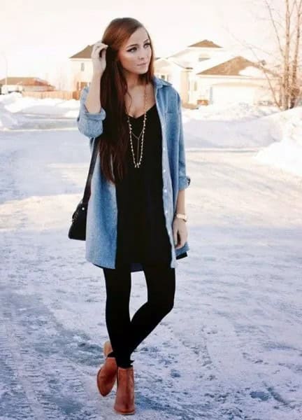 Brown Ankle Boots with Black Dress & Wool Cardigan