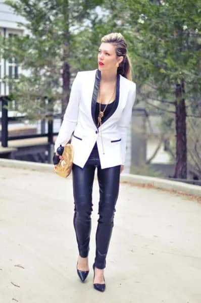 White and Black Blazer with Leather Skinny Pants