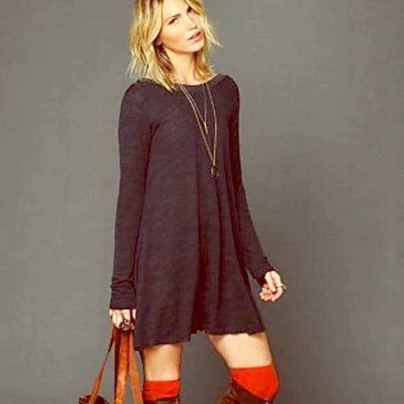 Grey Long Sleeve Swing Dress with Brown Suede Knee High Boots