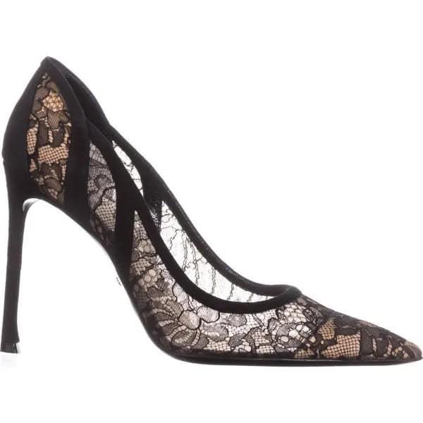 Pointed Toe Floral Embroidered Lace Heels with Black Maxi Prom Dress