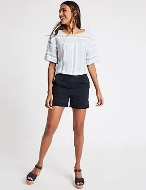 White and Pale Blue Tee with Navy Shorts