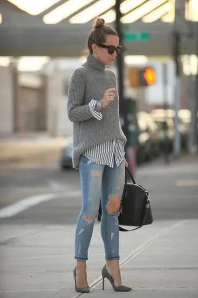 Pink Pointed Toe Heels with Grey Turtleneck Knit Sweater