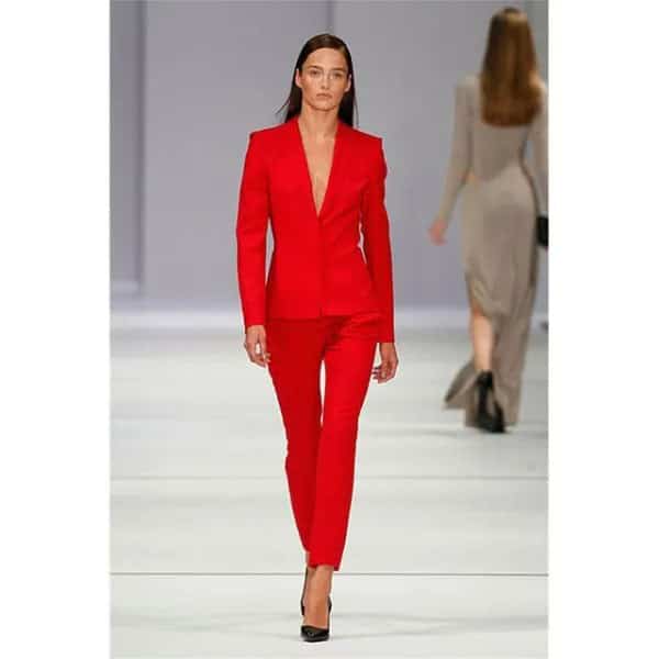 Red Suit with Black Heels & No Blouse