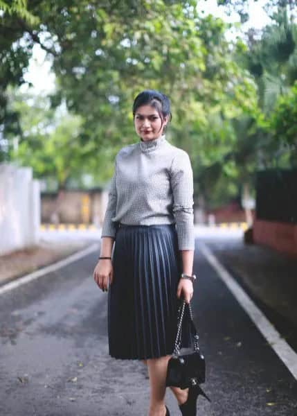 Grey Ribbed Mock Neck Sweater with Black Pleated Midi Skirt