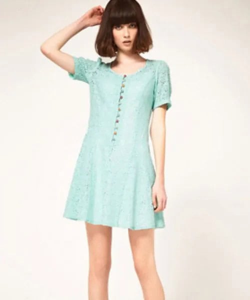 Lace Sleeve Button Up Mini Green Dress