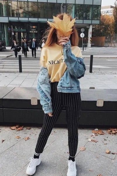 Pale Yellow Printed Sweatshirt with Black and White Striped Pants