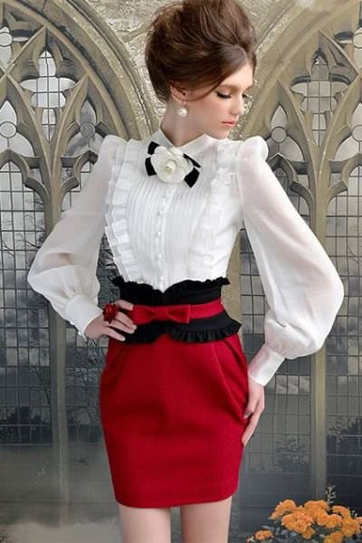 White Puff Sleeve Blouse with Red Bodycon Mini Skirt