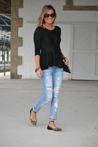 Black Peplum Top with Boyfriend Jeans & Leopard Print Flats