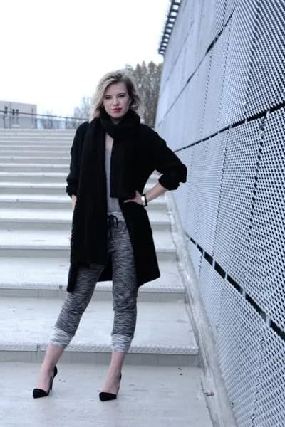 Black Long Wool Coat with Heather Grey Cropped Knit Pants