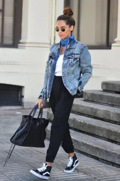 Oversized Denim Jacket, Black Joggers & High Top Sneakers