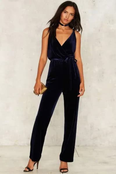 Navy Velvet Jumpsuit with Black Choker