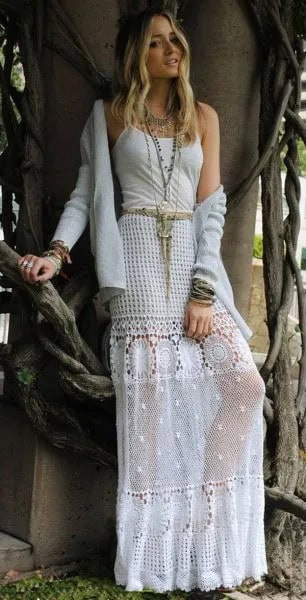 White Mesh and Crochet Maxi Bohemian Skirt & Cardigan