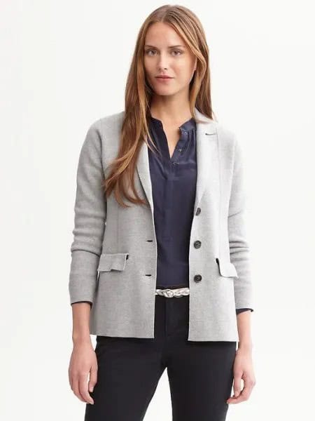 Light Grey Sweater Blazer with Dark Blue Collarless Button Up Shirt