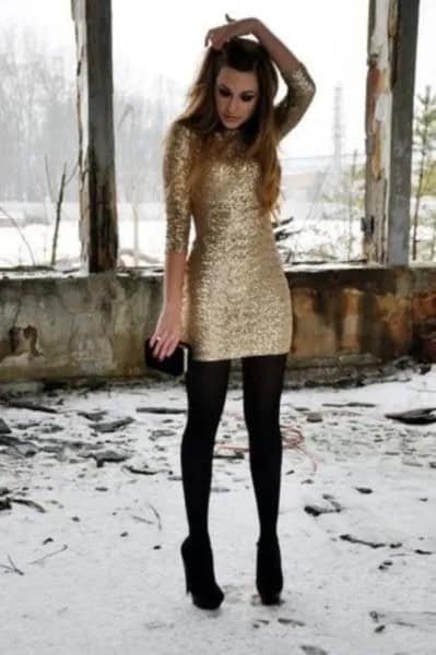 Long Sleeve Gold Dress with Stockings and Black Heels