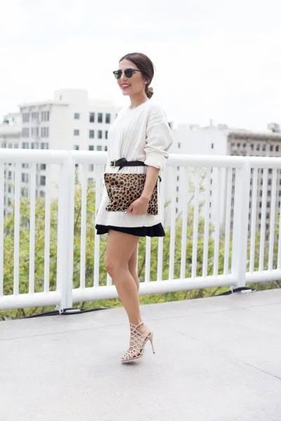 White Belted Oversized Sweater with Mini Skater Skirt