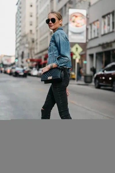 Blue Denim Jacket with Black Ankle Skinny Jeans & Open Toe Heels