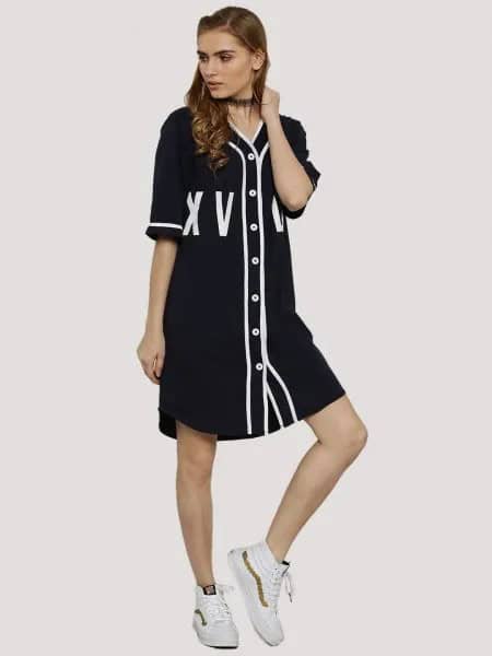 Black and White Half Sleeve Button Up Baseball Jersey Shirt Dress