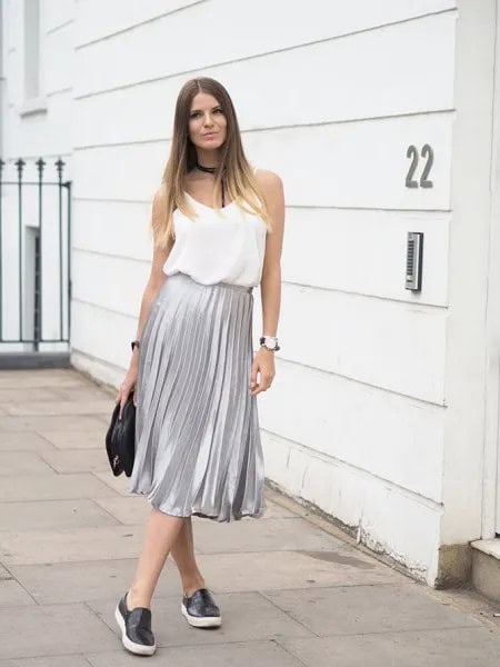 White Chiffon Vest Top with Silver Pleated Skirt