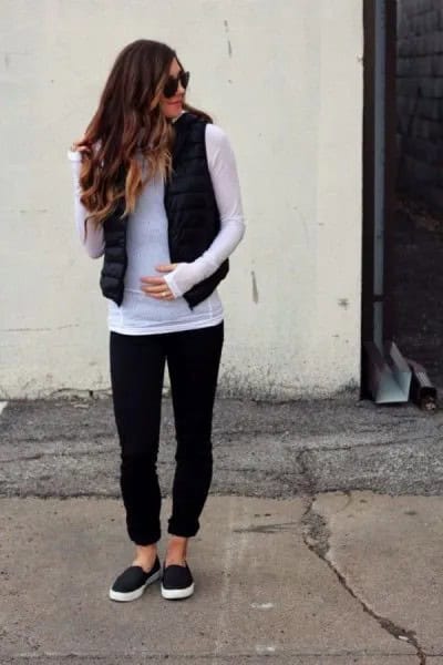 Grey Long Sleeve T Shirt with Black Puffer Vest & Cuffed Jeans