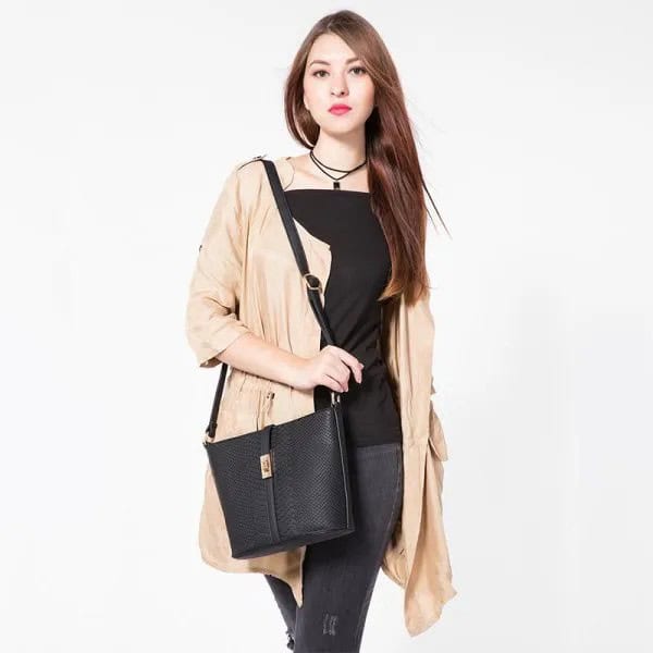 Black Square Neckline Top with Blush Cardigan & Leather Messenger Bag