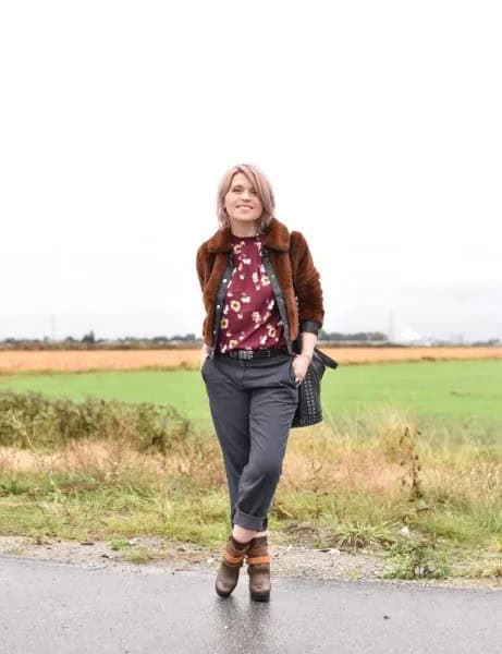 Brown Jacket with Green Floral Printed Blouse & Grey Jeans