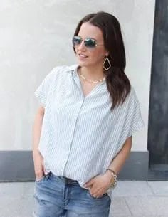 Grey and White Striped Short Sleeve Shirt with Jeans & Gold Choker Necklace