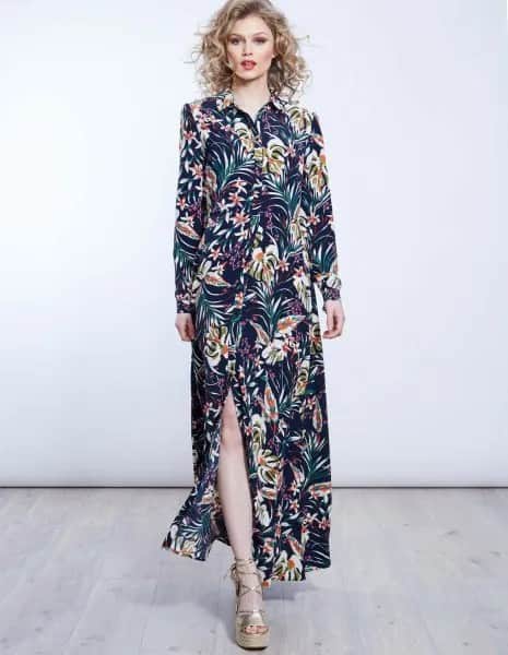 Navy Floral Printed Side Slit Maxi Shirt Dress