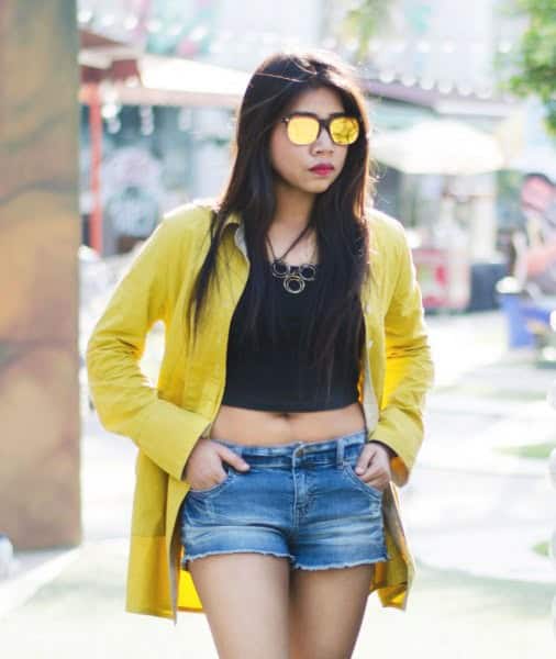 Mustard Shirt with Black Crop Top & Denim Shorts